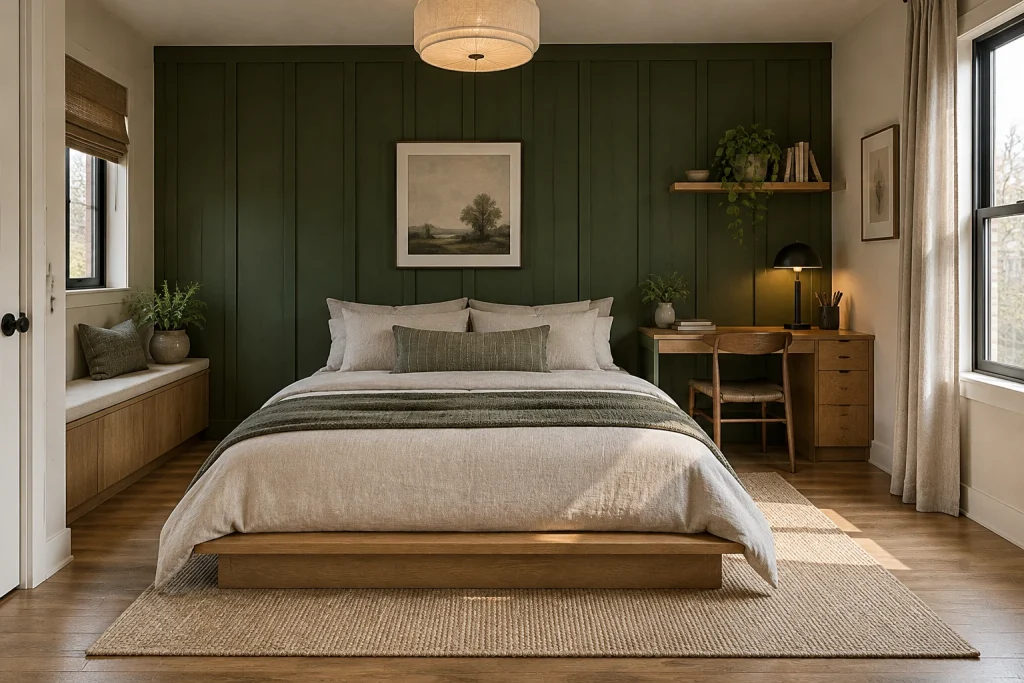 Deep forest green paneled wall in a compact urban bedroom with multifunctional desk, Japandi / urban hygge Small apartment bedroom interior