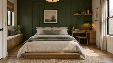 Deep forest green paneled wall in a compact urban bedroom with multifunctional desk, Japandi / urban hygge Small apartment bedroom interior