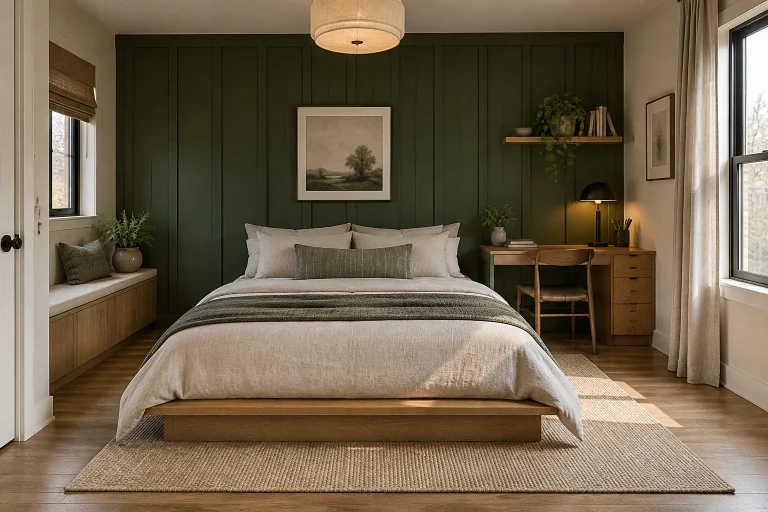 Deep forest green paneled wall in a compact urban bedroom with multifunctional desk, Japandi / urban hygge Small apartment bedroom interior