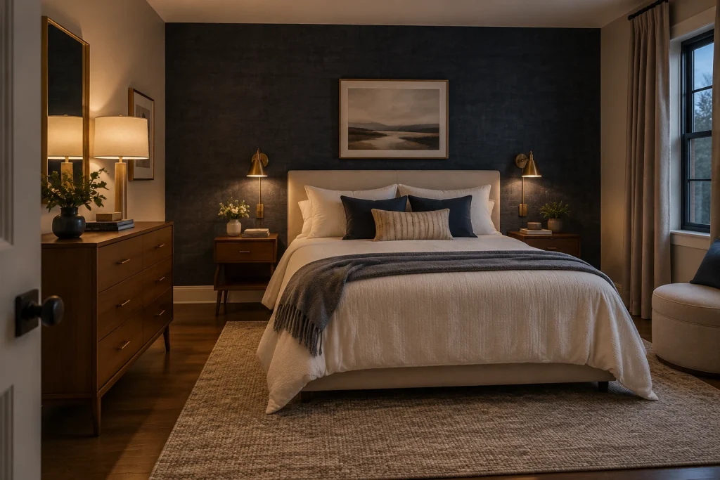 Navy textured wallpaper with brass accents and simple dressing area, Contemporary classic Guest bedroom interior