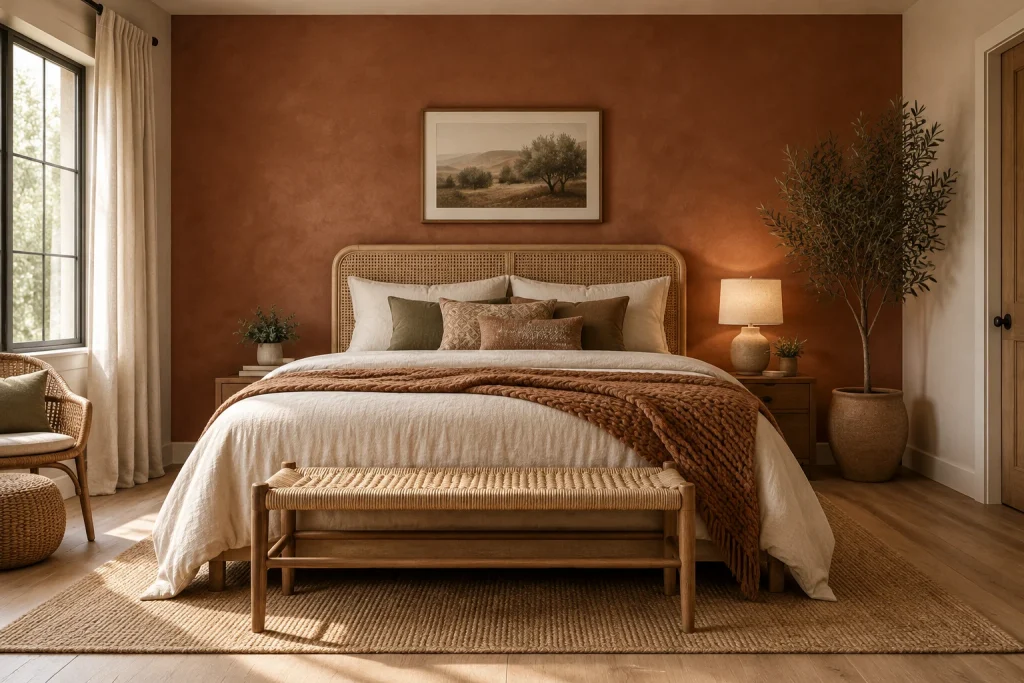 Warm moody terracotta plaster behind cane/rattan bed for bohemian comfort, Modern bohemian Primary bedroom interior