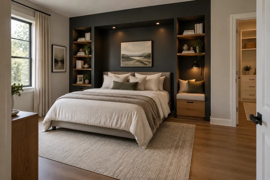 Black painted alcove with integrated shelving and cozy reading nook, Minimal modern Master bedroom with alcove interior