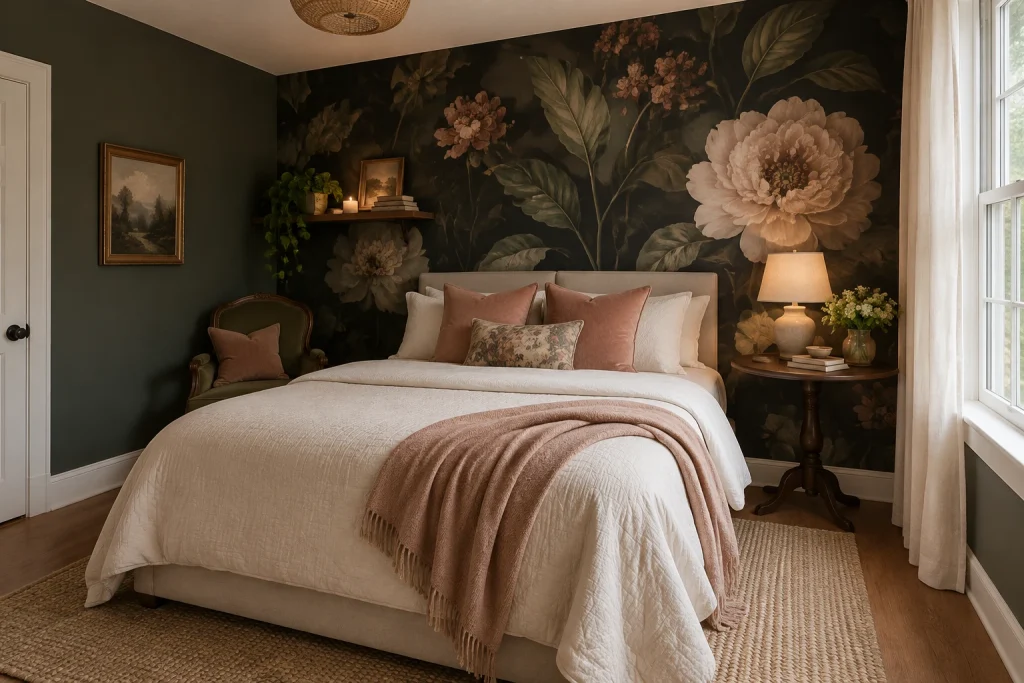 Overscale dark botanical mural as a dramatic focal accent, Moody cottage-core / romantic Guest or secondary bedroom interior