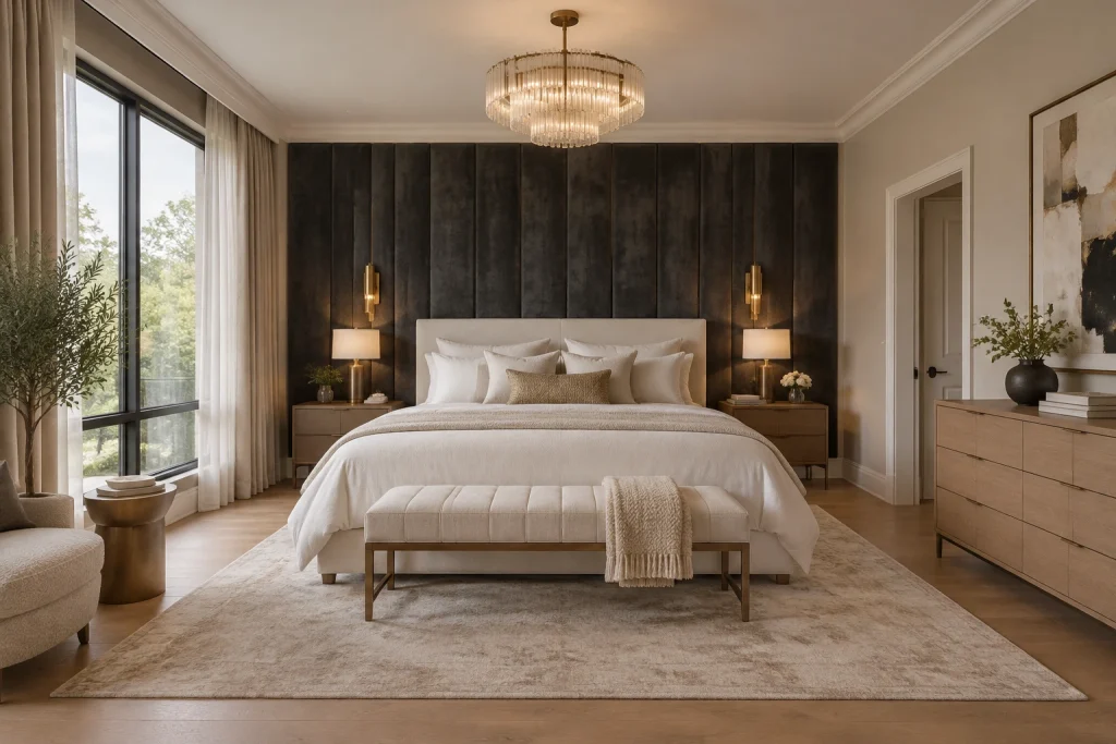 Floor-to-ceiling charcoal velvet headboard wall with layered curtains for luxe coziness, Modern glam Primary bedroom interior