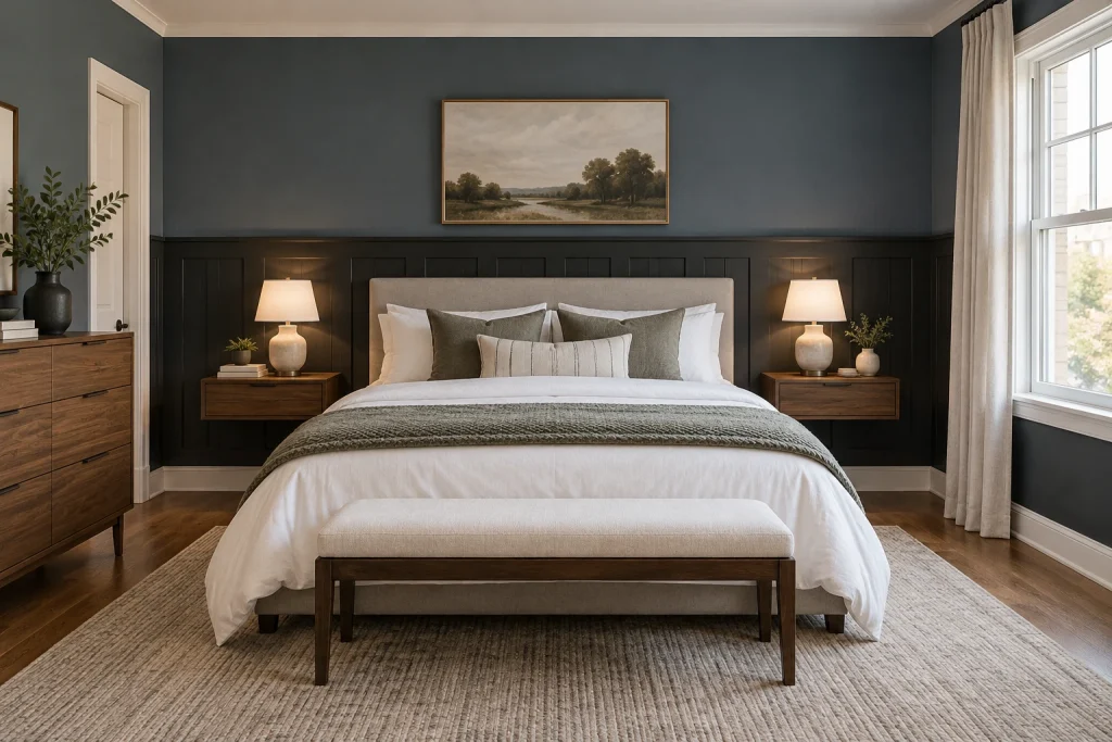 Two-tone moody half-wall: matte black wainscoting with smoky blue upper wall, Modern traditional Townhouse bedroom interior