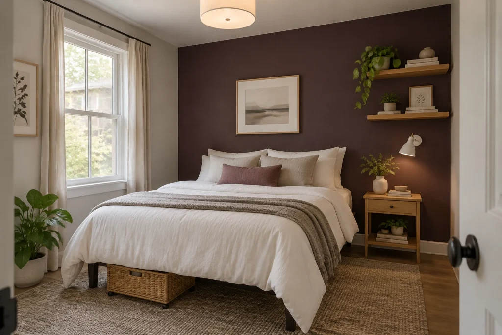 Renter-friendly deep plum removable wallpaper with floating shelves and minimal hardware, Accessible modern Rental bedroom / small renter setup interior