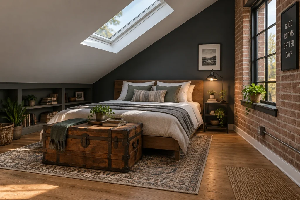 Loft sloped ceiling with moody slate accent wall and skylight above bed, Industrial cozy Loft bedroom under slope interior