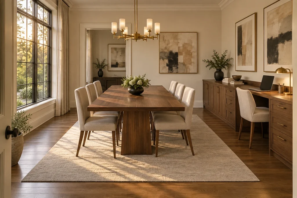 Formal dining table with dedicated workstation at sideboard, Modern Classic Formal dining room interior