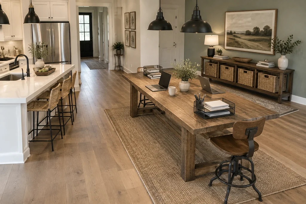 Farmhouse extendable table that doubles as a long shared work surface, Modern Farmhouse Open-plan dining area interior