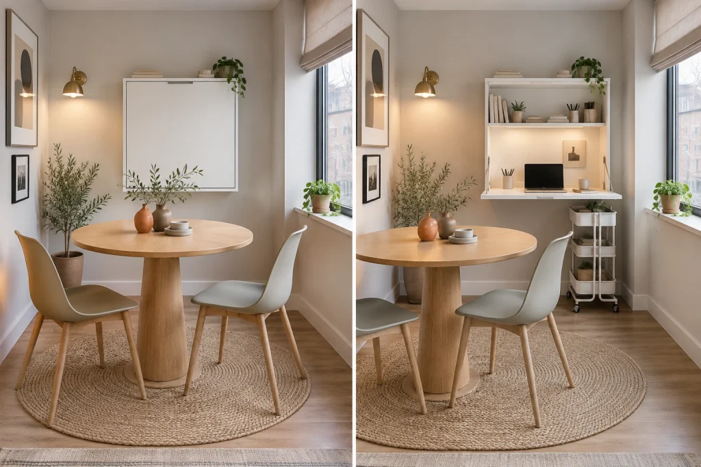 Small apartment round table with wall-mounted fold-down desk (renter-friendly), Scandi Minimal with renter-friendly fixtures Compact dining nook / studio interior