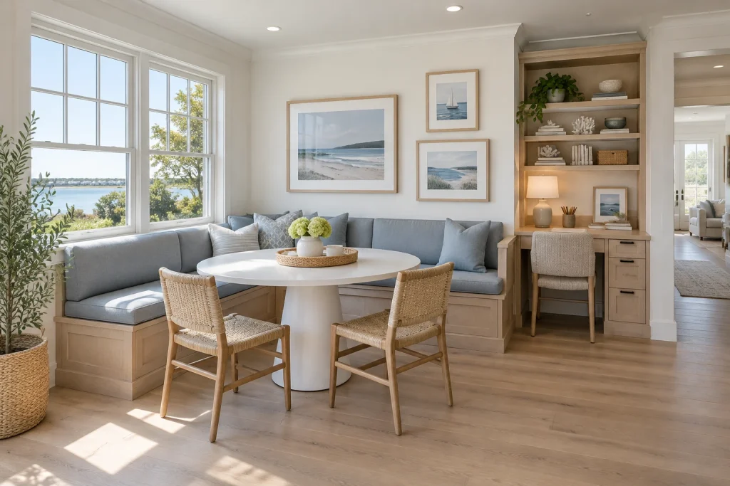 Banquette dining with integrated desk nook, Coastal Contemporary Breakfast/dining corner interior