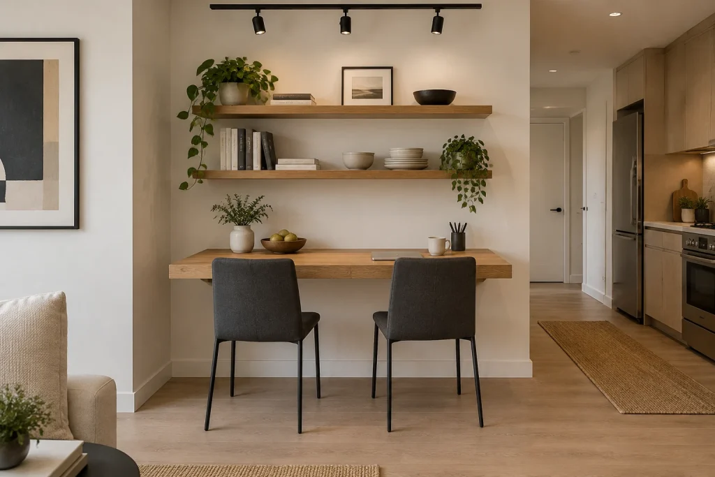 Dual-purpose rectangular table anchored to wall as floating desk, Minimal Modern Small dining alcove in open-plan apartment interior