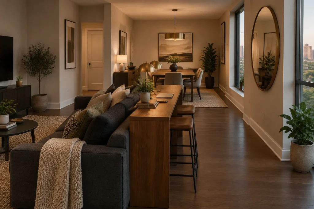 Console-to-standing desk behind sofa that doubles as pass-through dining surface, Urban Contemporary Narrow dining lane / living room adjacency interior
