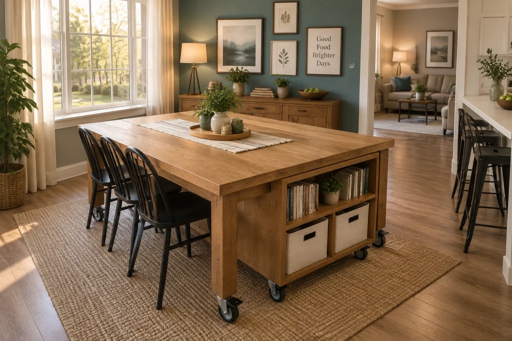 Mobile modular table on casters for family flexibility, Family-Friendly Modern Multifunctional dining area interior
