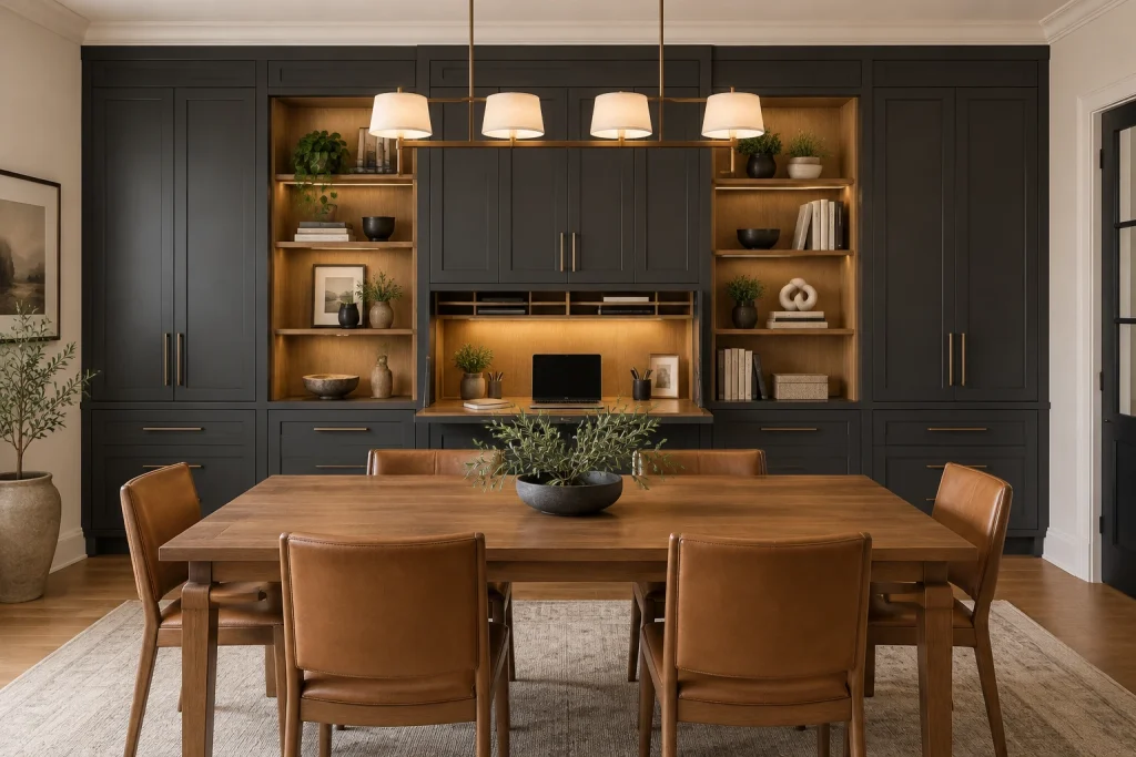 Built-in cabinetry with hidden drop-front desk for high-end integrated solution, Contemporary Transitional (built-in millwork) Formal dining turned integrated study interior