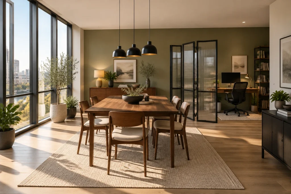 Zoned layout using a glass folding screen to separate a preserved dining table and a dedicated office, Contemporary Eclectic Large open dining room in apartment interior
