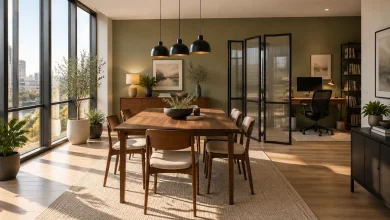 Zoned layout using a glass folding screen to separate a preserved dining table and a dedicated office, Contemporary Eclectic Large open dining room in apartment interior