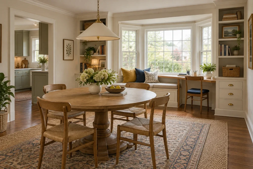 Window-seat desk at the dining room bay for focused work and family meals, Layered Cozy / Cottage Dining room with bay window interior
