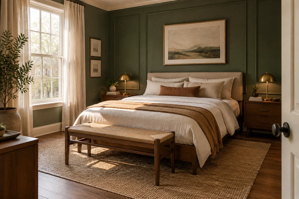 Muted emerald master with warm walnut and plaster paneling, Modern classic Master bedroom interior