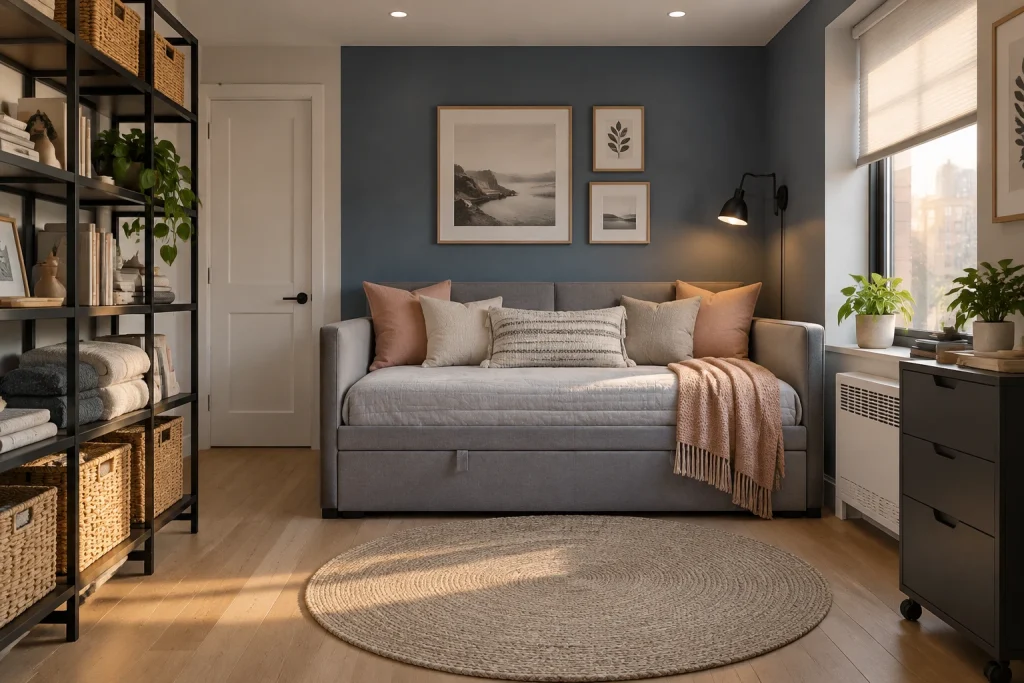 Dusty sapphire small-studio bedroom with sofa-bed and vertical storage, Urban multifunctional Studio bedroom / sleeping nook interior