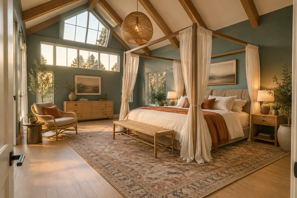 Muted teal loft master with vaulted ceiling and canopy bed, Eclectic bohemian loft Loft master bedroom interior