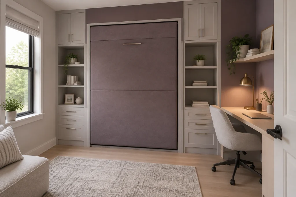 Muted amethyst compact guest room with integrated desk and built-in storage, Scandinavian multifunctional Guest bedroom with home office interior