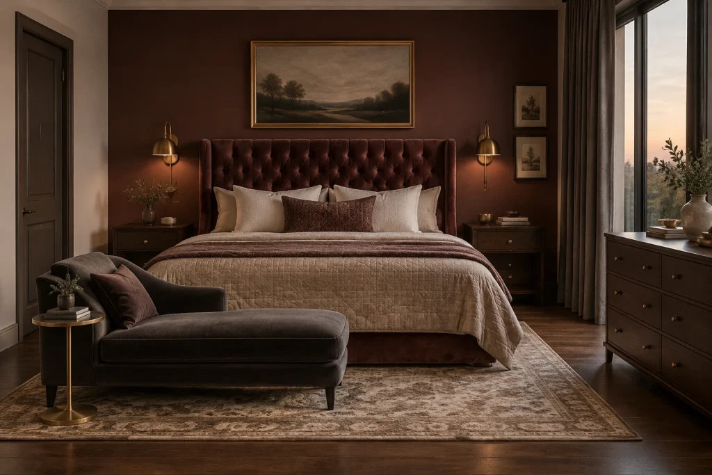 Dusty garnet vintage-modern glam with low-profile seating, Vintage-modern glam Master bedroom interior