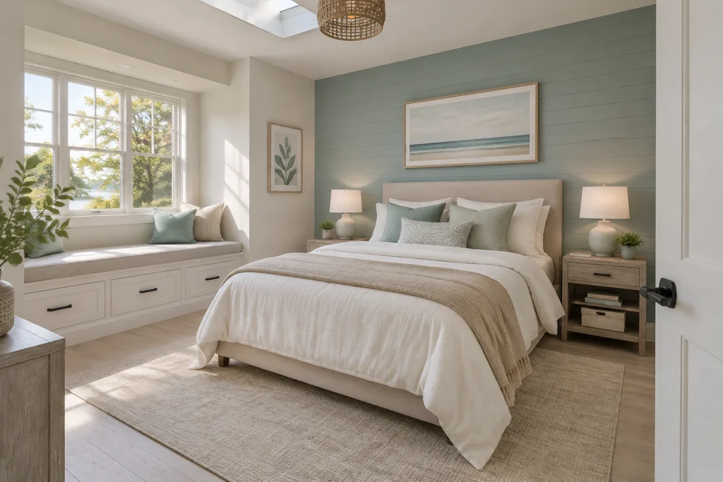 Sea-glass teal coastal bedroom with calm, age-resistant palette, Coastal modern Guest or secondary bedroom interior