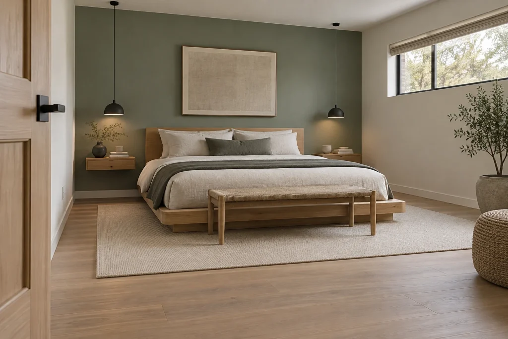 Muted jade minimalist Japandi bedroom with layered natural textures, Japandi minimalism Master or serene bedroom interior