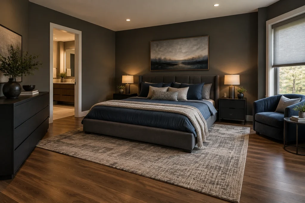 High-contrast moody luxe with muted sapphire accents and charcoal backdrop, Contemporary luxe Primary bedroom interior
