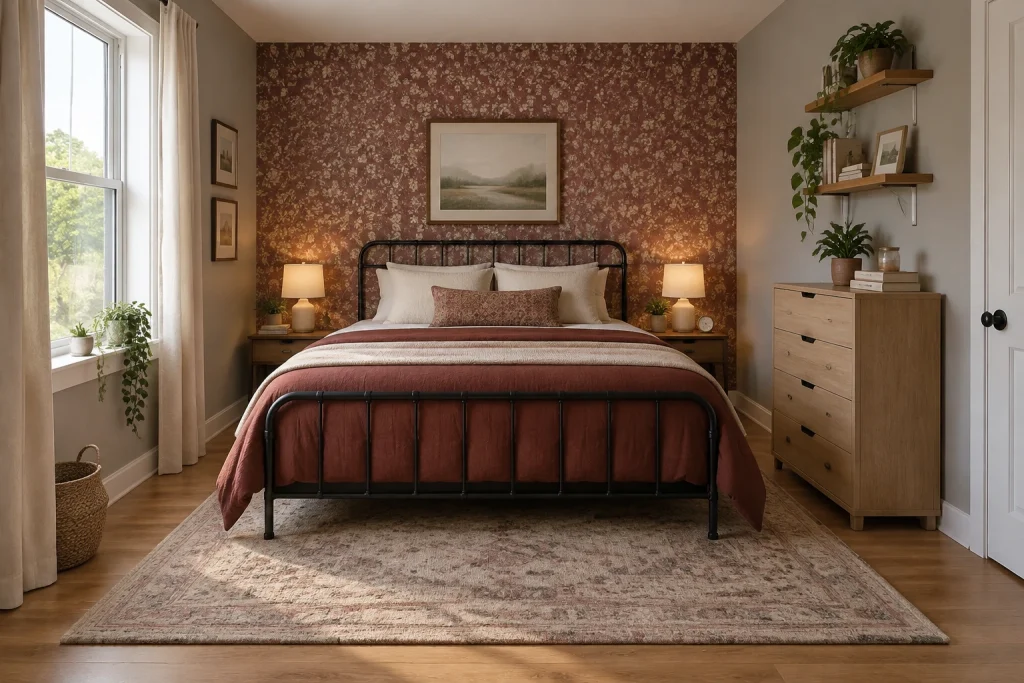 Budget-friendly renter bedroom using muted ruby textiles and removable wallpaper, Affordable layered style Renter bedroom interior