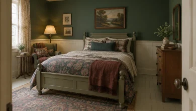 Cottage eclectic with deep forest jewel accent and layered textiles, Cottage eclectic Guest or secondary bedroom in older home interior