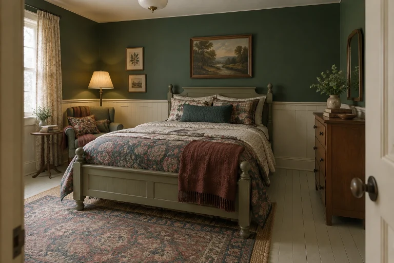 Cottage eclectic with deep forest jewel accent and layered textiles, Cottage eclectic Guest or secondary bedroom in older home interior