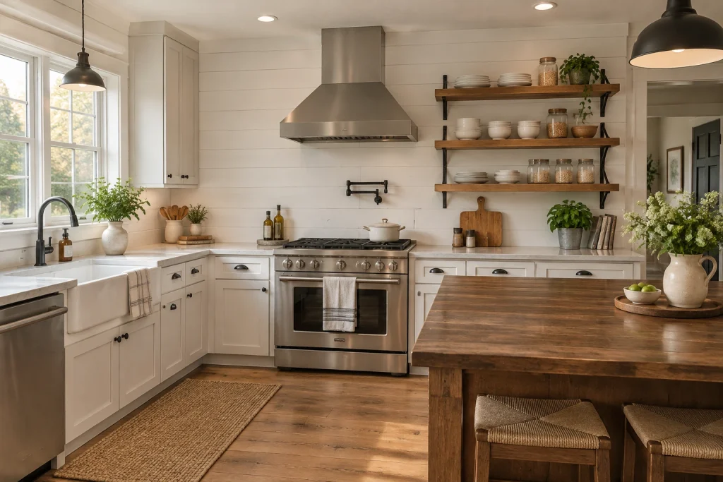 Everyday Modern Farmhouse: stacked white dishes, mason jars, and potted herbs, Modern farmhouse Kitchen — family farmhouse kitchen with island interior