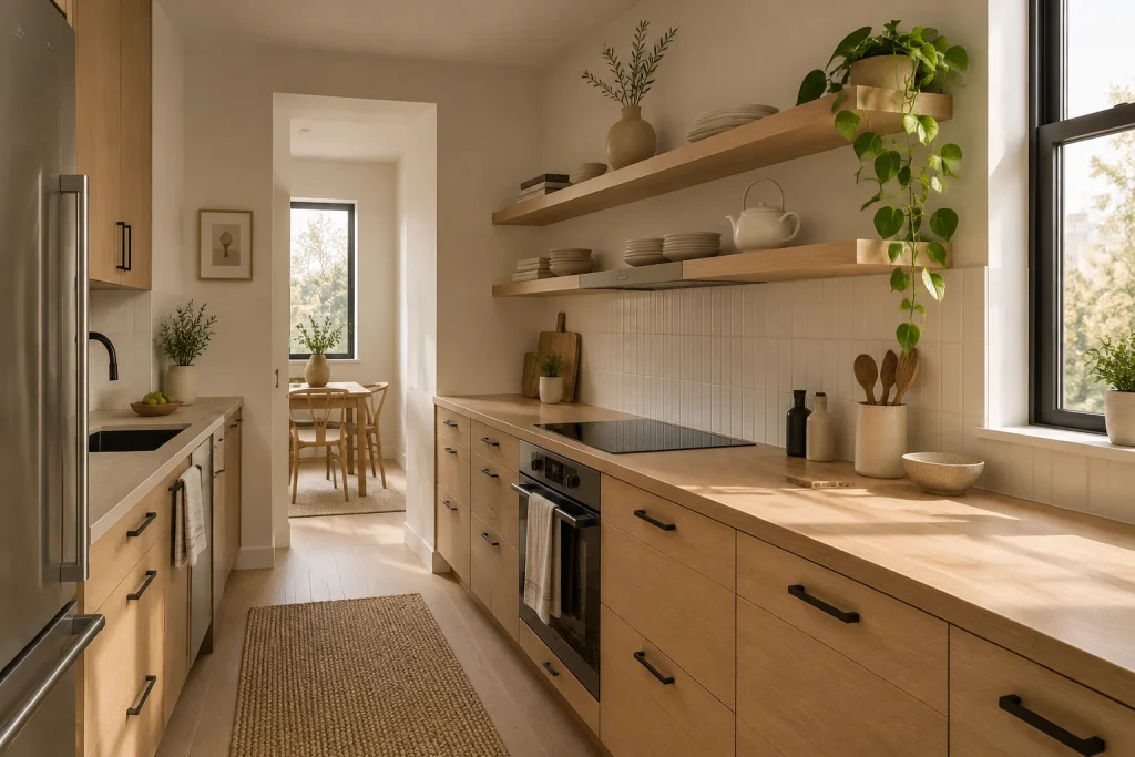 Minimal Japandi: serene neutrals, sculptural ceramics, and a single trailing plant, Japandi / Minimal Nordic Kitchen — compact apartment kitchen interior