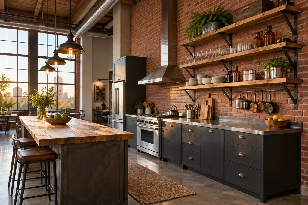 Industrial Loft: glassware groupings, metal brackets, and exposed brick, Industrial urban loft Kitchen — open-plan loft kitchen with high ceiling interior