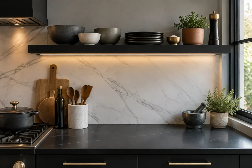 Dark Moody Modern: matte black shelves with brass accents and curated ceramics, Contemporary modern Kitchen — urban townhouse kitchen interior