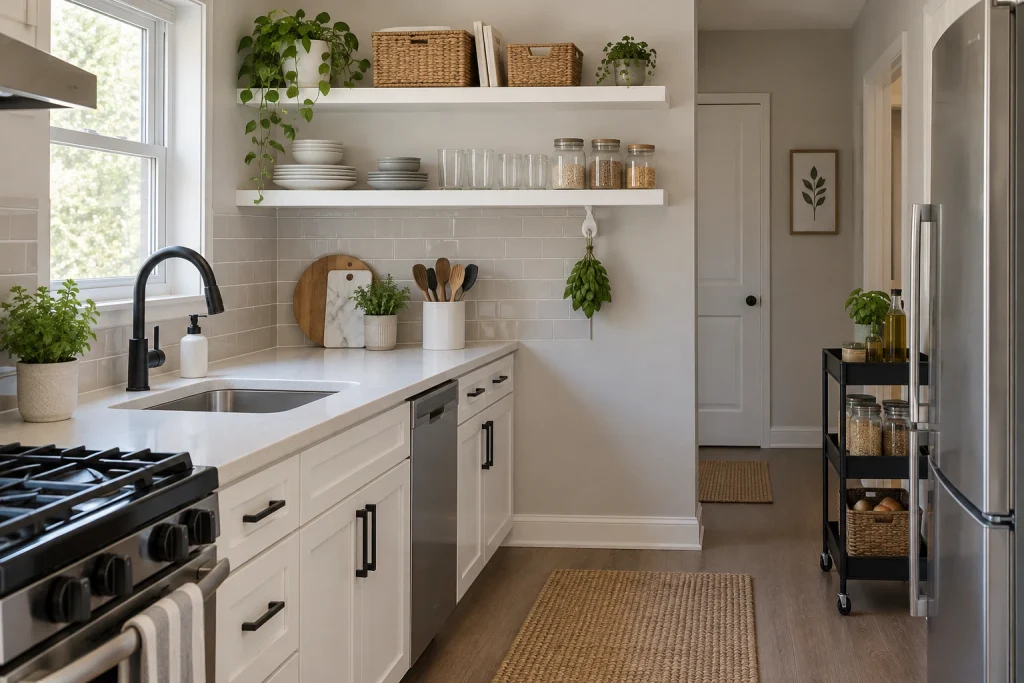 Budget Renter-Friendly: removable shelving, baskets, and adhesive hooks, Budget-smart / renter-friendly Kitchen — rental-friendly galley kitchen interior