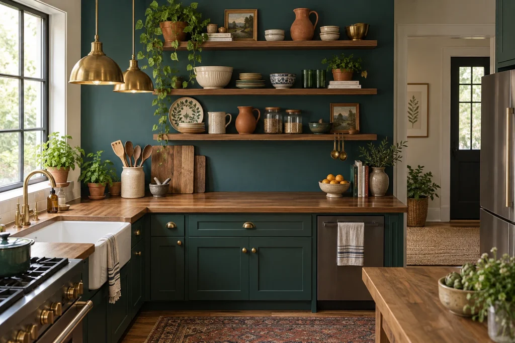 Eclectic Color Pop: painted back wall, mixed ceramics, and layered metals, Eclectic / layered Kitchen — suburban kitchen with bold accent wall interior