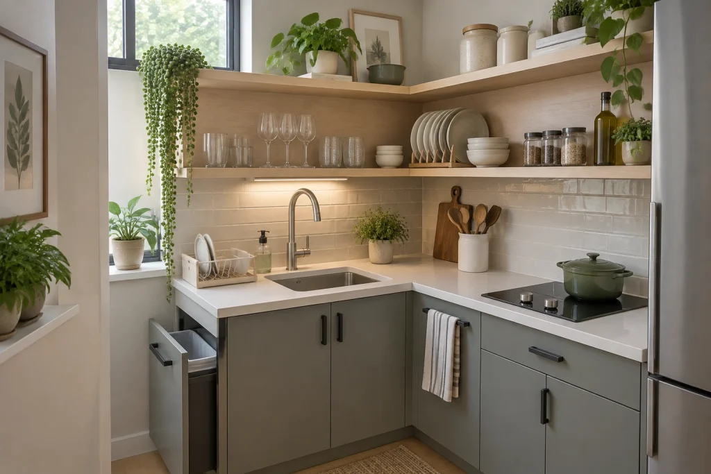 Corner Shelving for Small Kitchens: rotating display, vertically stacked glassware, Space-maximizing / Scandinavian compact Kitchen — tiny condo with corner shelving interior