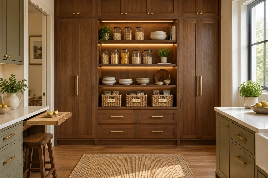 Custom Built-In Nook with Pantry Integration: jars, labels, and hidden drawers, Custom Craftsman Kitchen — built-in pantry wall with integrated open shelving interior