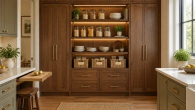 Custom Built-In Nook with Pantry Integration: jars, labels, and hidden drawers, Custom Craftsman Kitchen — built-in pantry wall with integrated open shelving interior