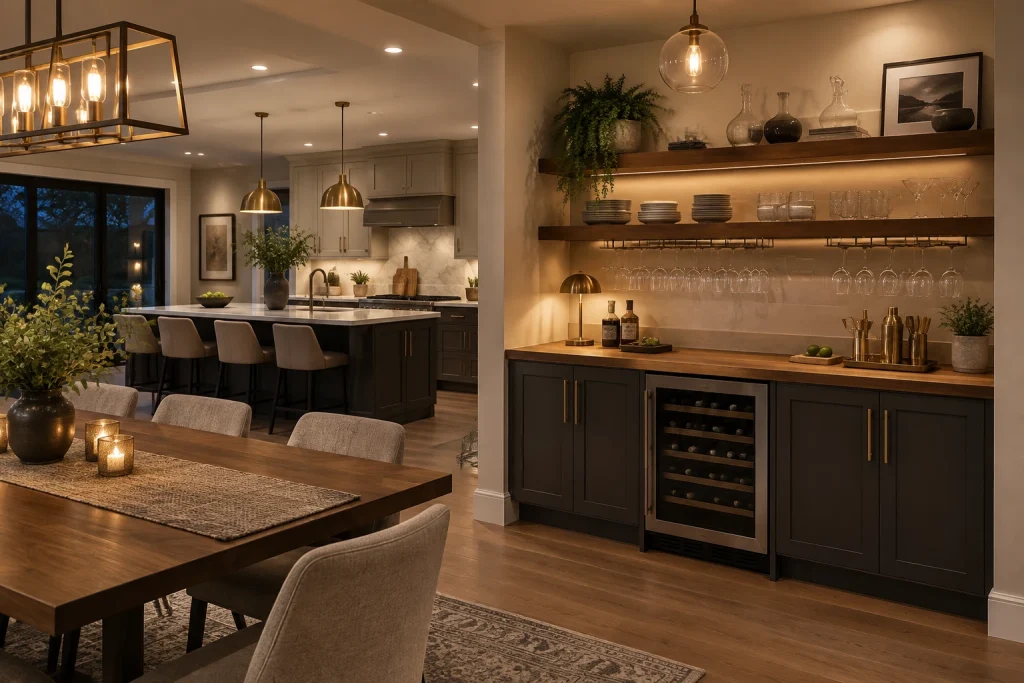 Entertainer’s Bar Shelf: stemware, decanters, and under-shelf glass racks, Modern entertainer / transitional Kitchen — open-plan kitchen-dining crossover with bar area interior
