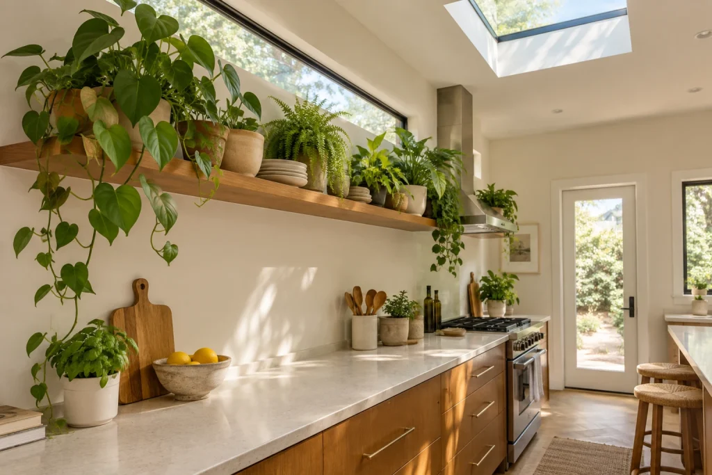 Biophilic Greenery-Forward Shelves: abundant plants mixed with neutral dishware, Biophilic / modern organic Kitchen — suburban kitchen with skylight and high window interior