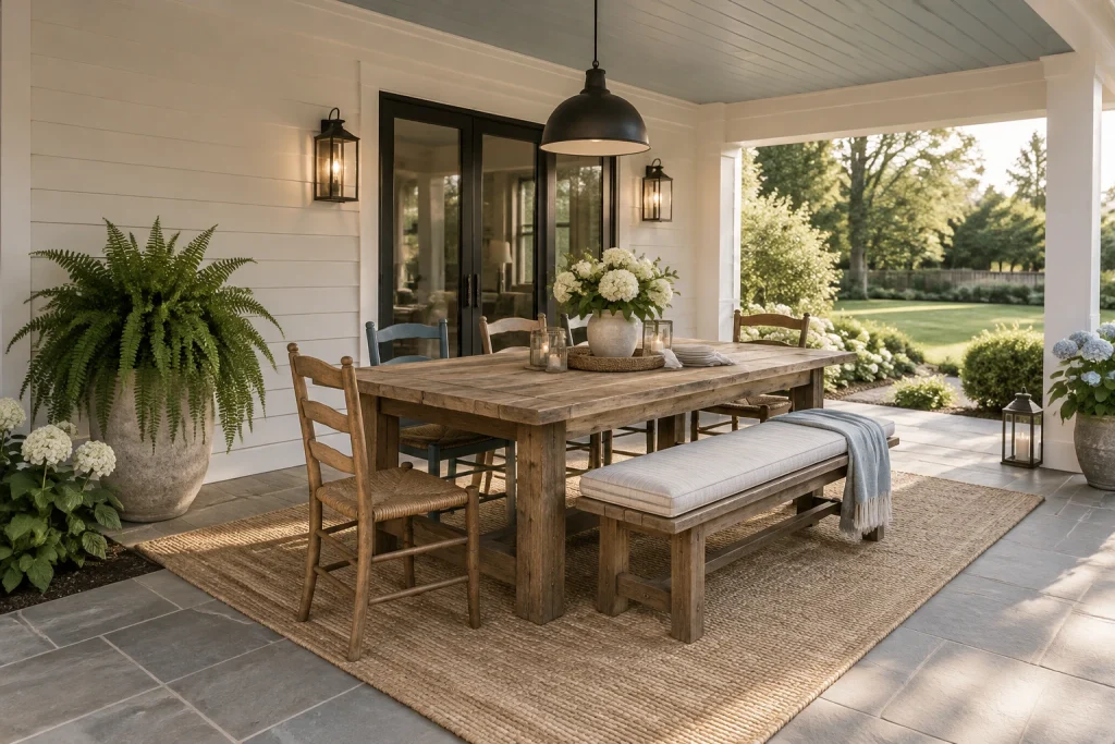 Farmhouse dining porch anchored by a jute rug, Modern farmhouse Covered porch / patio dining interior