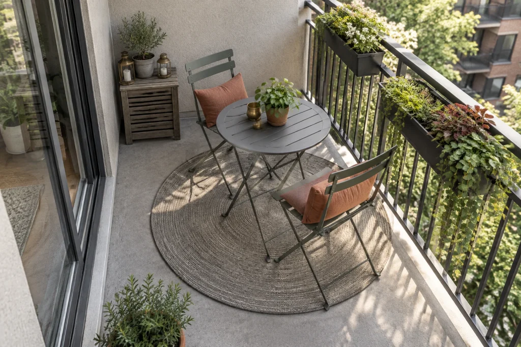 Budget-friendly urban balcony with round rug and bistro set, Urban casual / renter-friendly Small balcony interior