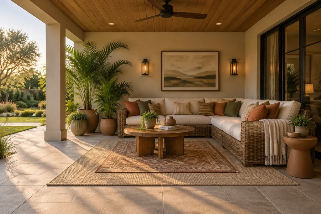 Layered rugs under a modular sectional lounge, Modern organic Covered patio lounge interior