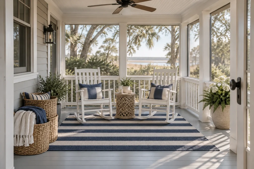 Coastal screened porch with striped rug and rocking chairs, Coastal cottage Screened porch interior
