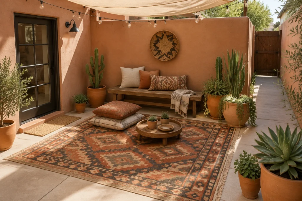 Southwestern courtyard anchored by a kilim rug and low seating, Southwestern modern Small enclosed courtyard / partial covered interior