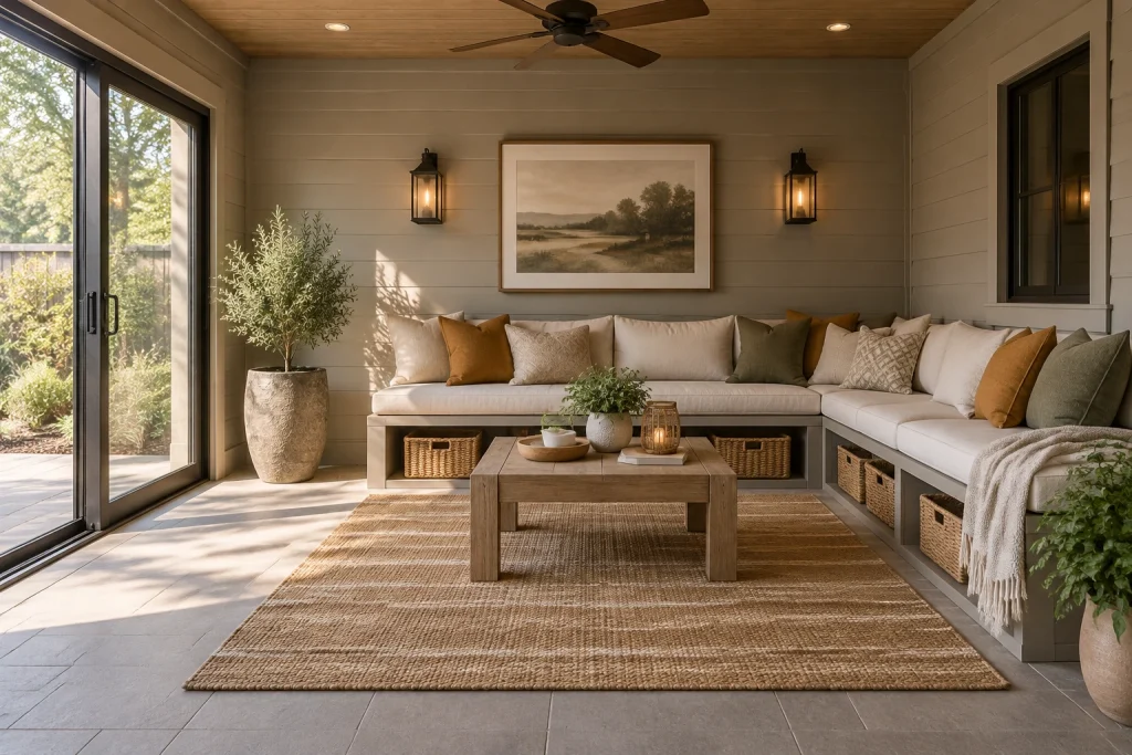 Built-in L-bench seating with rug anchor and under-bench storage, Transitional / renter-friendly built-in Covered patio with built-in bench interior